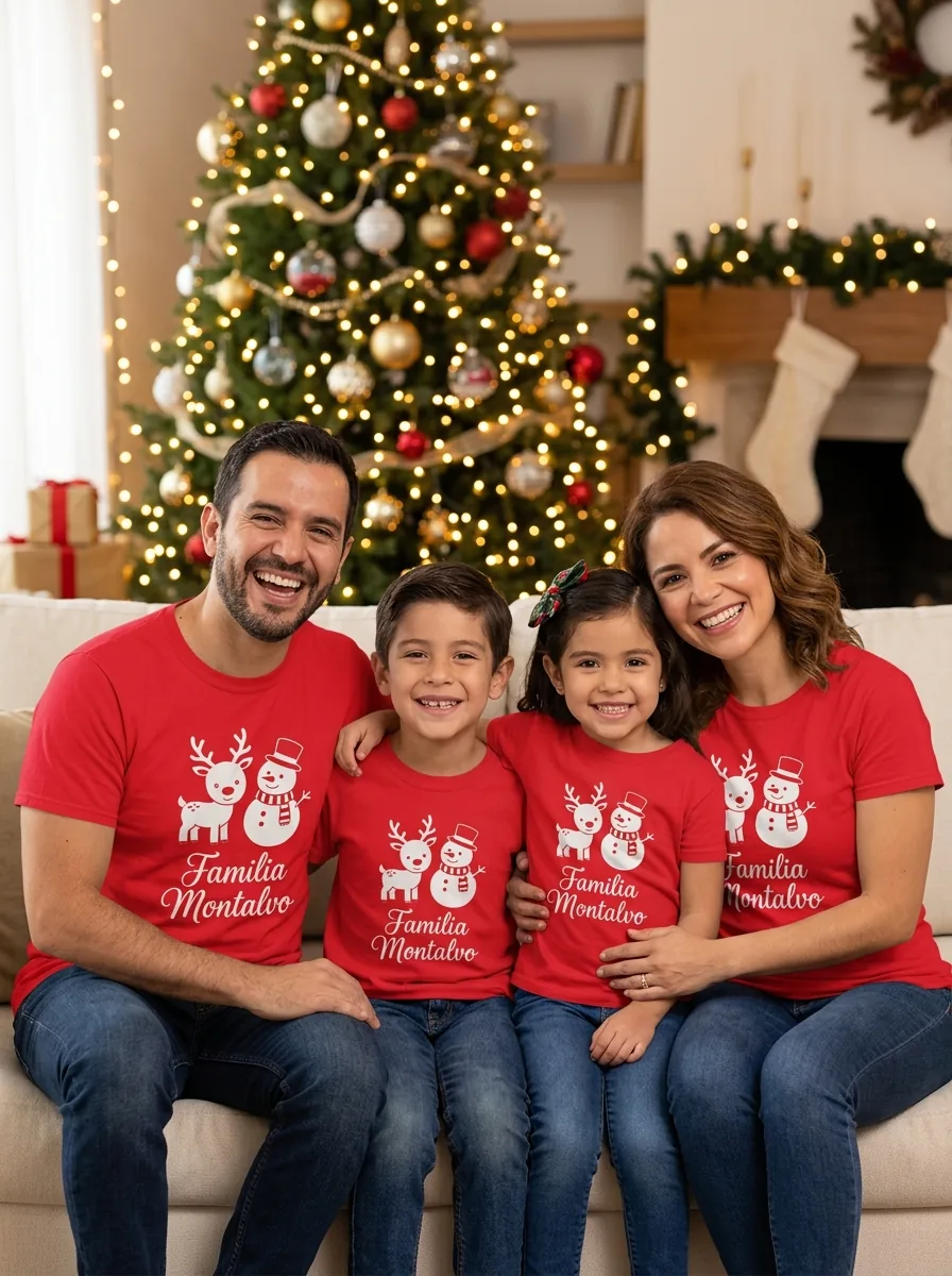 Familia con camisetas rojas de Navidad iguales