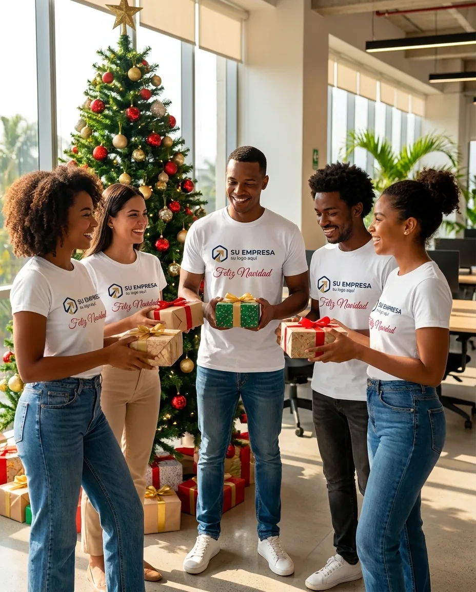 Equipo de trabajo con camisetas y regalos de Navidad con el logo de la empresa