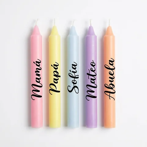 Kit de 5 velas con nombre: 5 velas de 15 cm, cada una con su nombre