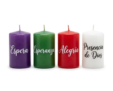 Velones de Adviento: 4 velones de colores, cada uno con su palabra