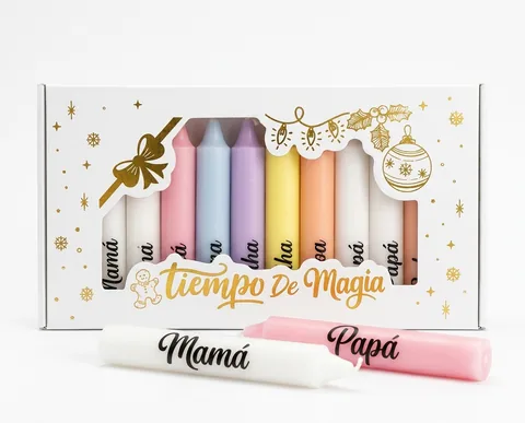 Kit en caja de regalo: 10 velas gruesas con nombre, en su caja de regalo