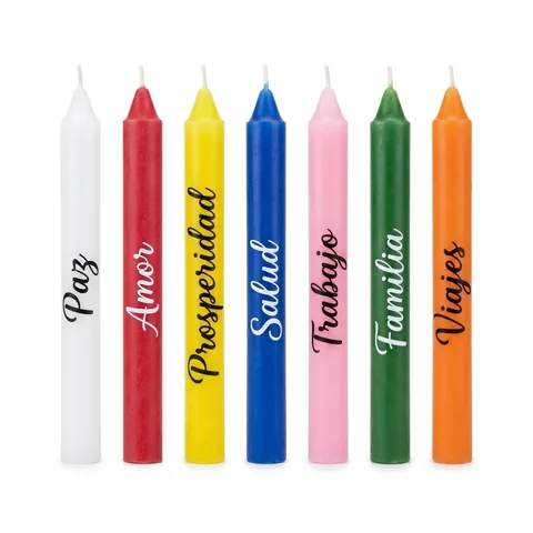 Kit 7 deseos de Año Nuevo: 7 velas de 20 cm, una de cada color y con un deseo