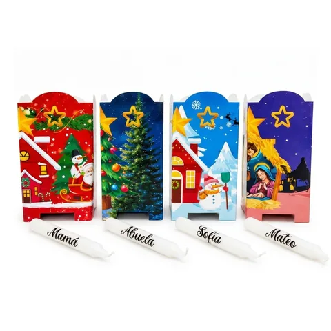 Kit familiar con faroles: 10 velas con nombre y 10 faroles navideños